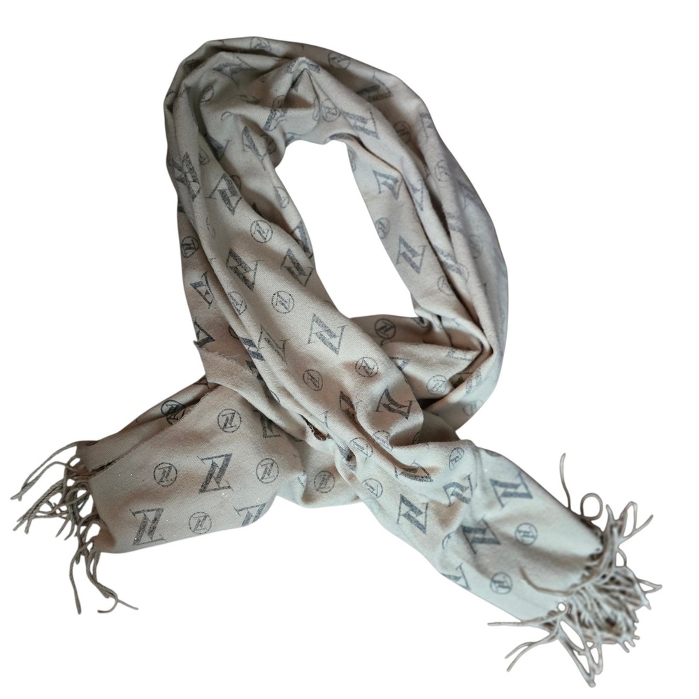 Adrienne Vittadini All Over Logo Print Scarf Withโ Fringe Cream Gray